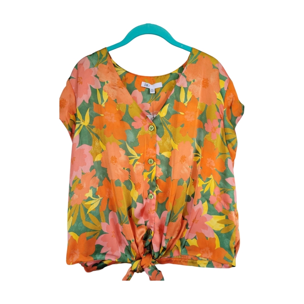 DR2 Daniel Rainn XXL Satin Tropical Floral Front Knot Top Resort Vacation